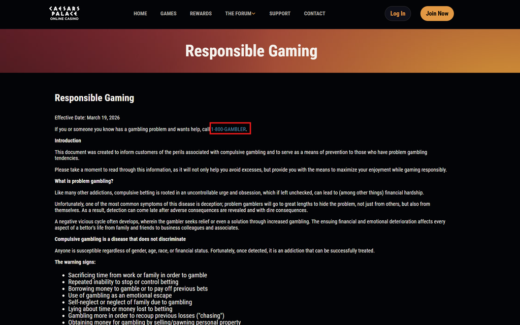 Caesars RG and helpline