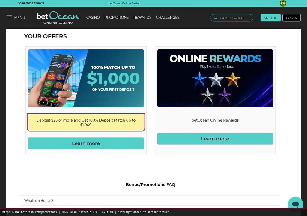 Ocean welcome bonus