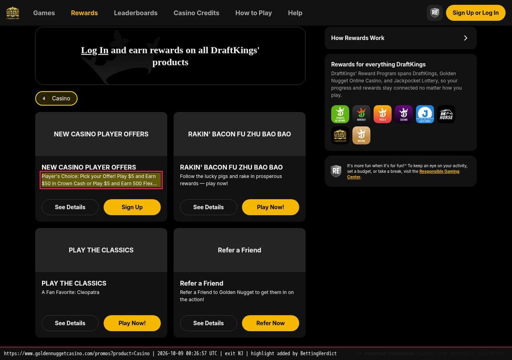 Golden Nugget welcome bonus