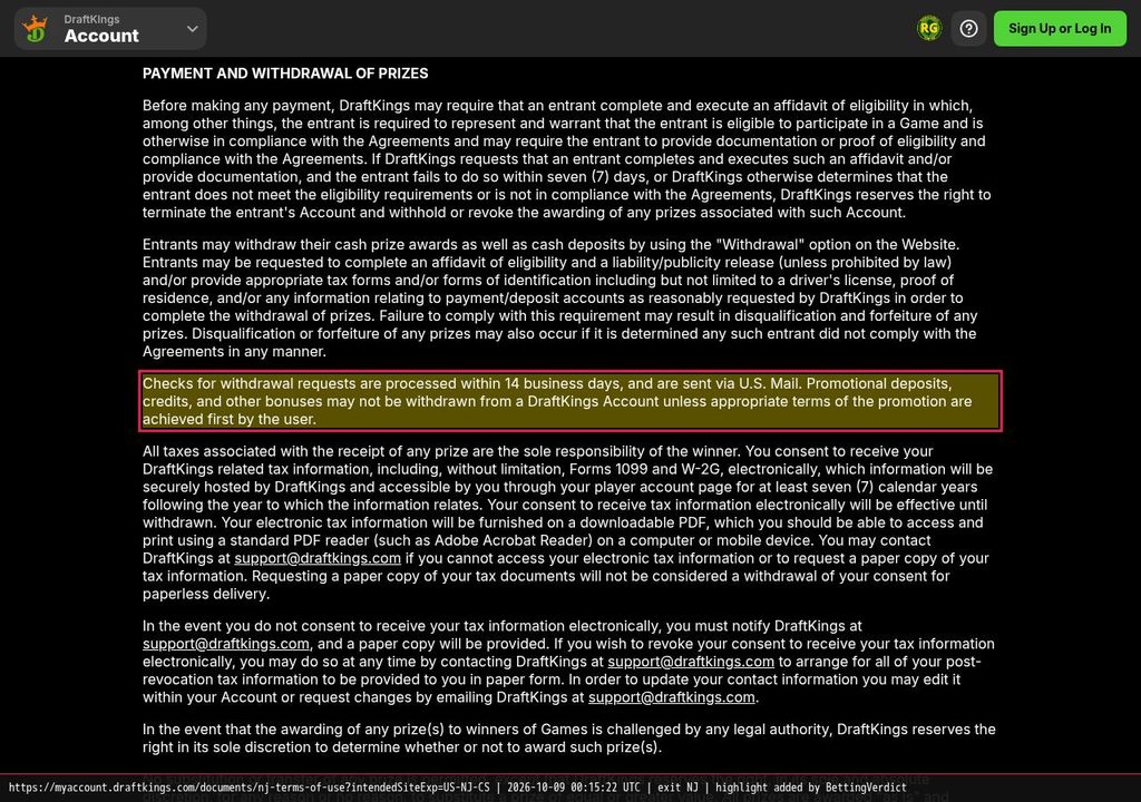 DraftKings withdrawal policy